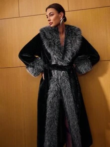 MOTF PREMIUM FURRY TRIM OPEN FRONT COAT - Black - View 6