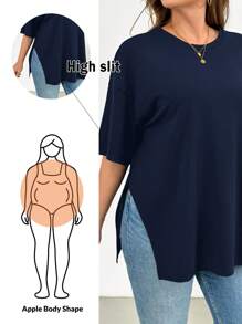 SHEIN Essnce Áo thun tay ngắn xẻ tà thời trang xuân hè rộng rãi thoải mái cho nữ cỡ lớn, kiểu dáng đơn giản, áo đi chơi, đồ mặc ở sân bay cho nữ, mùa hè châu Âu - Màu xanh hải quân - Xem 6