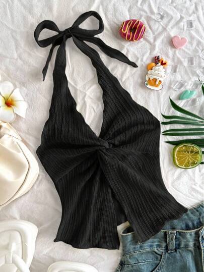 SHEIN 青少年女孩休闲度假纹理针织浅黄色蝴蝶结装饰挂脖吊带背心