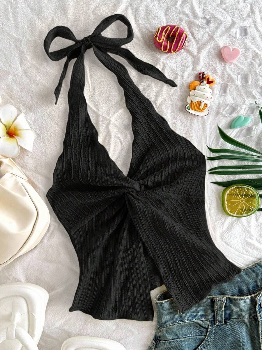 青少年女孩休闲度假纹理针织浅黄色蝴蝶结装饰挂脖吊带背心 - 黑色 - 查看 1