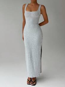 FavEase Damen einfarbiges Maxikleid mit Schlitz-Saum für den täglichen Gebrauch - Hellgrau - Übersicht 5