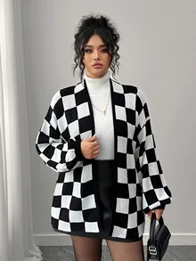 Elenzga Gothic Academia Check Detail Halloween Autumn/Winter Fashion Casual Color Block Checkerboard Patchwork Women Loose Fit Plus Size Cardigan, Outerwear Suitable For Outing, Vacation, Party Black And White Checkered Cardigan