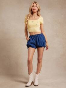 WESTFADE Pull On Adjustable Drawstring Leg Cotton Blend Denim Bloomer Shorts Summer Cowgirl Nashville Vacation Beach - Dark Wash - View 4