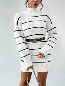 Chiquease 通勤百搭纹理条纹针织套头连衣裙，适合旅行和日常穿着 - 黑與白 - 查看 4