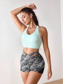 Menodora SHEIN Sport Short de sport pour femmes avec texture métallique, motif peau de serpent et découpes croisées - Rose vif - Voir 7