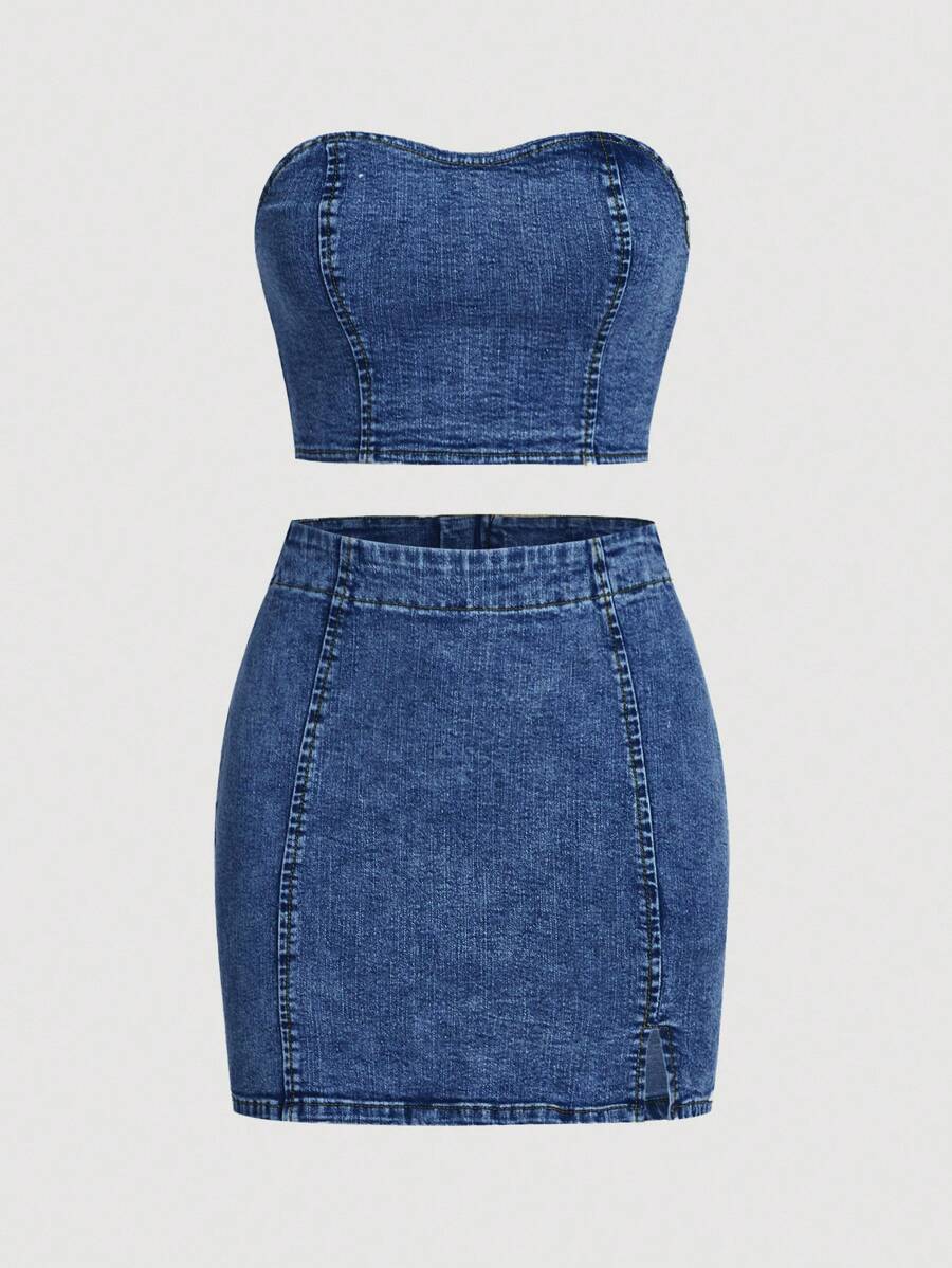 SHEIN MOD 女式牛仔紧身胸衣和迷你裙合身时尚套装 - 中等水洗藍 - 查看 1