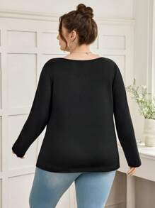 SHEIN CURVE+ Curves 大码/学校服装/返校服装/返校 2 件/套装大码女式方领紧身长袖休闲黑白 T 恤套装，百搭女士春秋季基本款上衣大码黑色上衣大码长袖上衣方领上衣大码女式上衣大码纯色上衣女式秋季服装，冬季，CURVE PLUS - 黑與白 - 查看 2