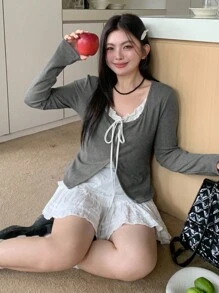 Dazy Plus 撞色拼接二合一系带长袖T恤，大码女款秋季