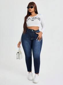 SHEIN SXY Plus High Waist Skinny Jeans - Dark Wash - View 3