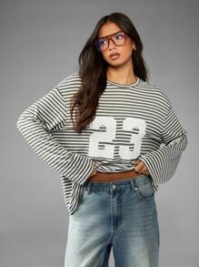 MISSGUIDED Áo thun tay dài kẻ sọc cỡ lớn in số thường ngày thu đông dáng rộng trễ vai thời trang cơ bản mặc hàng ngày áo thun rộng - Nhiều màu - Xem 1