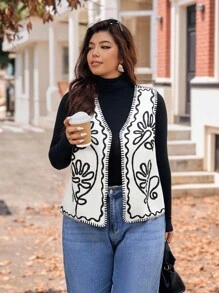 Vionelle Plus Size Contrast Color Embroidered Sleeveless Jacket - Multicolor - View 8