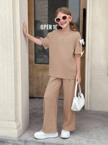 SHEIN Nova Glow Tween Girls Solid Color Round Neck Bow Loose T-Shirt & Baggy Long Pants 2 Pieces Casual Set