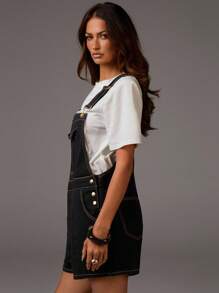 Athîral Women's Casual Washed Denim Bib Pants, Summer,Autumn,Back To School,Look Younger,Casual,Going Out Outfits,Dungarees,Overalls - Black - View 5