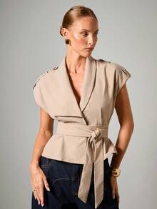 COSMINA 女士优雅无袖落肩收腰夹克，初秋 - 杏色 - 查看 1