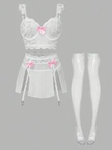 SHEIN 5pcs Set: Lace Splice Mesh Ruffle Strap Bow Bra Top + G-String + Slit Suspender Skirt + 2pcs Stockings, Sexy For Going Out - White - View 6