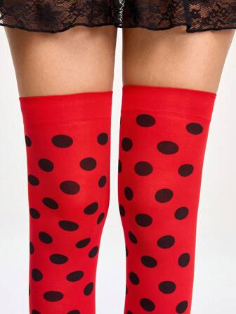 Kawaii 1 Pair Wine Red Classic Polka Dot Sexy Romantic Elegant Ladies Thigh High Socks, Suitable For Daily Matching, Shopping, Music Festivals, Etc.