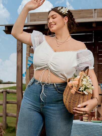 SHEIN Frenchy Plus Size Women V-Neck Lace Patchwork Drawstring Design White Oktoberfest Blouse, Versatile Casual Wear, Dirndl