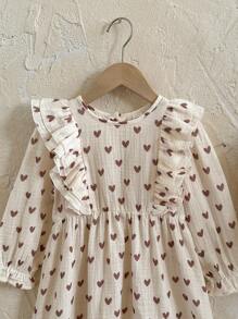 Loomiva Gaun Anak Perempuan Motif Hati, Leher Bulat, Hem Berkerut, Lengan Panjang, dan Ikat Pinggang, Serbaguna & Nyaman untuk Musim Gugur dan Musim Dingin - Putih - View 9