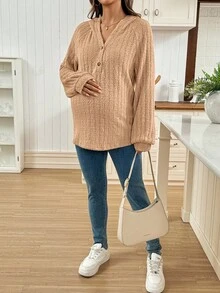 SHEIN 休闲居家聚会孕妇纯色插肩长袖抓绒卫衣冬季服装长袖外出上衣时尚棕色上衣 - 卡其色 - 查看 3