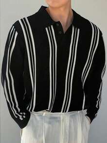 DAZY Herren Schwarz-Weiß gestreifter Langarm Pullover mit Kragen, Herbst