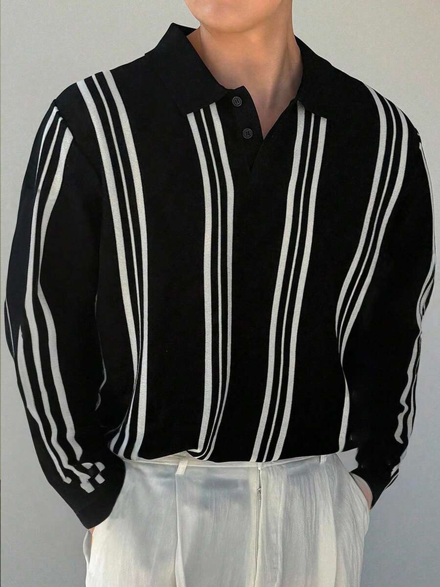 DAZY Herren Schwarz-Weiß gestreifter Langarm Pullover mit Kragen, Herbst