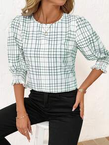 SHEIN Clasi 女士休闲宽松圆领中袖衬衫 - 綠色 - 查看 6