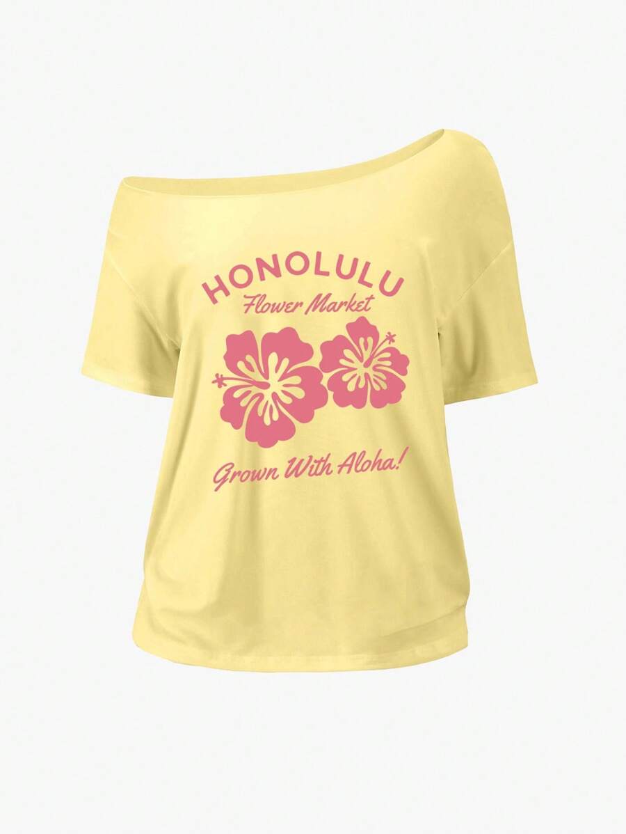 SHEIN Sweetro 女式宽松不对称肩部 T 恤，带有芙蓉花和“HONOLULU Aloha”印花，海滩度假 Y2K 风格，黄色 - 黃色 - 查看 1