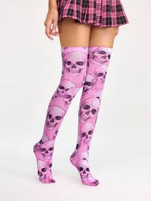 ROMWE Grunge Punk 不对称骷髅印花长款过膝袜，甜美哥特洛丽塔百搭时尚派对长袜，万圣节 - 粉色 - 查看 3