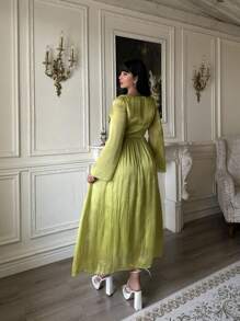 Lyrianda Plus Size Sequin Waist Fitted Long Sleeve Dress With Square Neckline Fall Cloth For Women