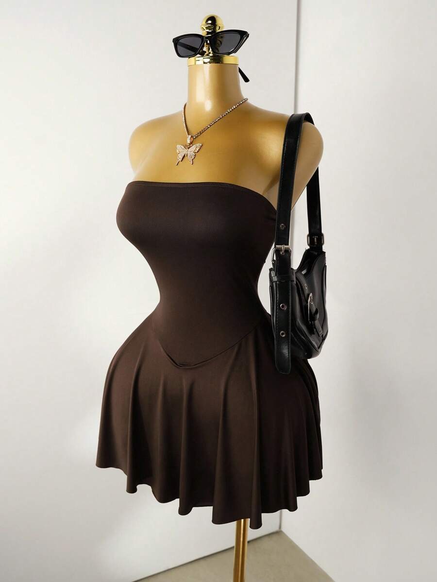 Mistrie Váy Bandeau màu trơn tối giản thời trang mùa hè dành cho nữ - Cà phê nâu - Xem 1