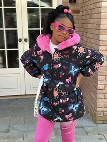 SHEIN Chaqueta acolchada de algodón con capucha, de forro polar, con estampado de grafiti, cintura con cordón y bolsillos cargo, versátil y casual para uso diario y escolar, para niñas preadolescentes, gruesa y cálida