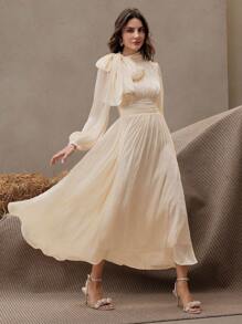 Anewsta Women's Long Dress, Spring & Autumn, Waist Pleated Shiny Elegant & Versatile - Champagne - View 4