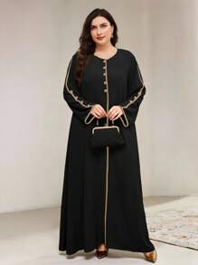 Veilorie 休闲宽松优雅长袖拼色大码女式阿拉伯连衣裙 - 黑色 - 查看 8