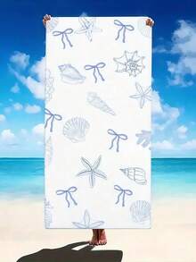 SHEIN 1pc Super Soft Ocean Theme Beach Towel, Vibrant Blue Ocean Creatures And Plant Design, Quick Dry, UV-Resistant, Washable - Perfect For Yoga, Sunbathing, And Outdoor Activities Summer Holiday Bathroom DecorTravel Essentials Travel Accessories Beach Essentials