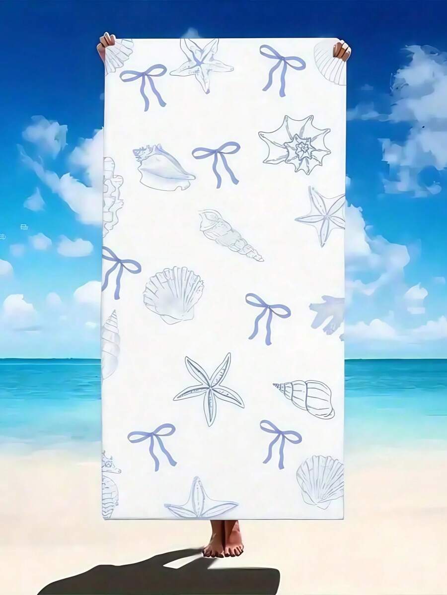 SHEIN 1pc Super Soft Ocean Theme Beach Towel, Vibrant Blue Ocean Creatures And Plant Design, Quick Dry, UV-Resistant, Washable - Perfect For Yoga, Sunbathing, And Outdoor Activities Summer Holiday Bathroom DecorTravel Essentials Travel Accessories Beach Essentials