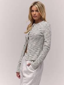 MUSERA Asymmetric Button Down Long Sleeve Stripe Ribbed Crew Neck Top Old Money Cute Core Casual Lounge For Women Spring Summer Holiday Office Work - Multicolor - View 2