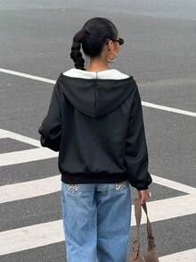 Muchica Women's Autumn New Casual Loose Black Knitted Hooded Fleece Sweatshirt, Suitable For Autumn And Winter Wear, Suitable For Daily Street Wear - Black - View 2