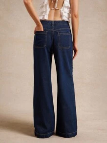 WESTFADE 中腰蝴蝶结印花棉混纺牛仔宽松阔腿牛仔裤 夏季纳什维尔女牛仔风 - 深色水洗藍 - 查看 2