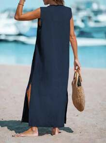 SHEIN LUNE Đầm Maxi Không Tay Cổ Chữ V, Cài Nút, Túi, Xẻ Tà, Trang Phục Nữ - Màu xanh hải quân - Xem 2