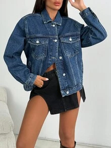 EURMUSE Raw Wash Classic Flap Pocket Ripped Drop Shoulder Denim Jacket Womens Jean Jacket Blue Jean Jacket Oversized Jean Jacket Jean Jacket - Dark Wash - View 3