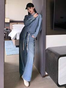 DAZY Women's Denim Suit, Washed Distressed Tie-Up Drawstring Shirt Top And Straight Leg Cargo Pants Set, Autumn/Winter,Fall Women Clothes - Light Wash - View 4