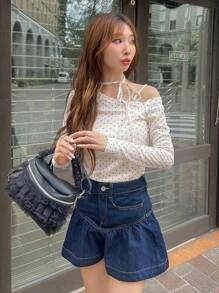 FRIFUL Women's Oblique Collar Asymmetrical Neckline Long Sleeve Polka Dot Drawstring Tie Shoulder Fitted Casual Versatile T-Shirt, Autumn