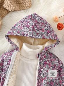 SHEIN Vintaside Kids Vintage Ditsy Floral Hooded Jacket For Baby Girls, Zipper Closure, Thermal Lined, Casual & Fashionable Winter Outerwear Fall