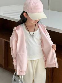 DAZY Young Girls Hooded Korean Style Bow Print Casual Long Sleeve Sweatshirt, Spring/Autumn - Dusty Pink - View 2