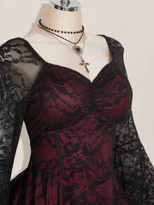 Nezia Cruz Plus Size Square Neck Ruched Lace Flare Sleeve Contrast Color Goth Dress, Y2K Party Dress, Halloween Costume, Witch Vampire Dress - Multicolor - View 5