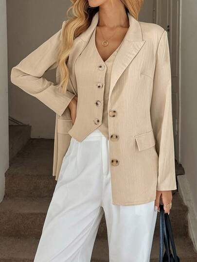 Easowa V-Ausschnitt, Knopfleiste vorne, asymmetrischer Saum, Weste mit taillierter Taille und gepolsterte Schulter, langärmliger Blazer, lässiger, lockerer Pendler-Vintage-Stil, 2 Stücke Damen-Set, Leinenblazer, beiger Blazer, Blazer-Westen-Set, Leinen-Outfit, beiges Outfit, Winterkleidung für Damen, Winter-Outfit für Damen