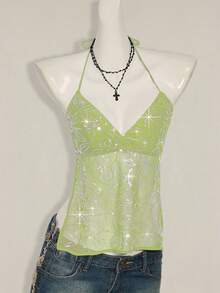 SHEIN ICON Women's Y2K Sexy Floral Lace Backless Camisole Lime Green Top Sequin Top