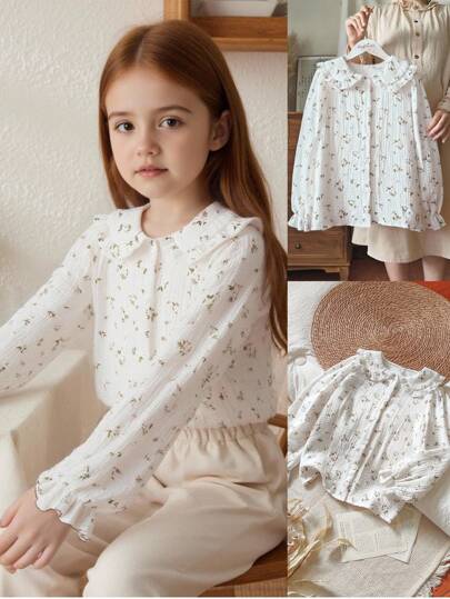 SHEIN Vintaside Kids Girls And Adults The Spring And Autumn Beige Peter Pan Collar Long-Sleeved Shirt Exudes Tenderness And Sweetness. Fully Printed With Small Floral Patterns, It Has A Fresh And Rural Style. The Peter Pan Collar With Ruffled Edges Is Exquisite And Playful. Made Of Cotton Crepe Fabric, It Has A Moderate Thickness And A Loose Fit, Making It Suitable For Home Relaxation, Library Study, Yoga, And Attending Parties, Etc Fall Winter