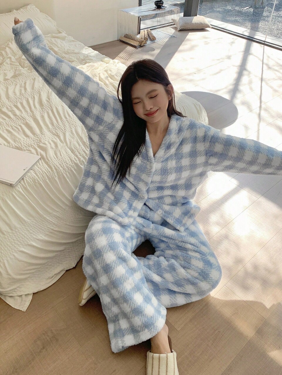 Dazy Plus Thermal-Lined V-Neck Plaid Loose Autumn/Winter Top & Pants Fluffy Pajama Set, Plus Size Women, Fall Clothes, Cozy Outfits