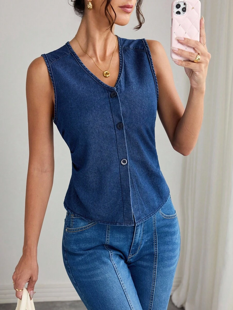 Elenzga 女式V领单排扣休闲牛仔背心 - 深色水洗藍 - 查看 1